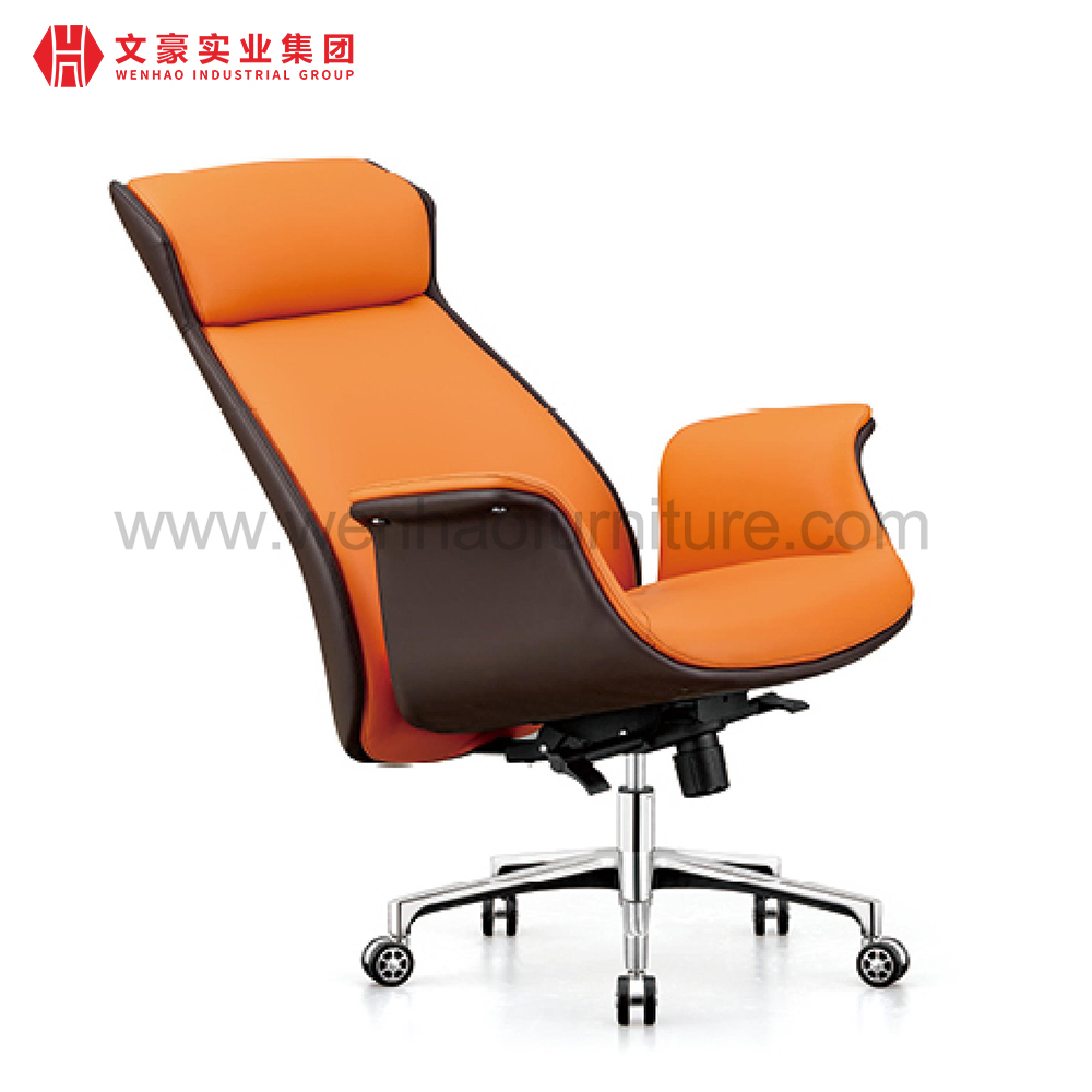 现代旋转皮革老板办公椅橙色软垫办公桌椅